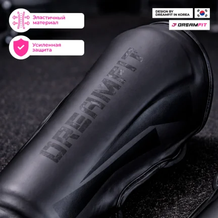 Чёрные щитки для голени и стопы DreamFit — защита для MMA, кикбоксинга, муай-тай, shin guards
