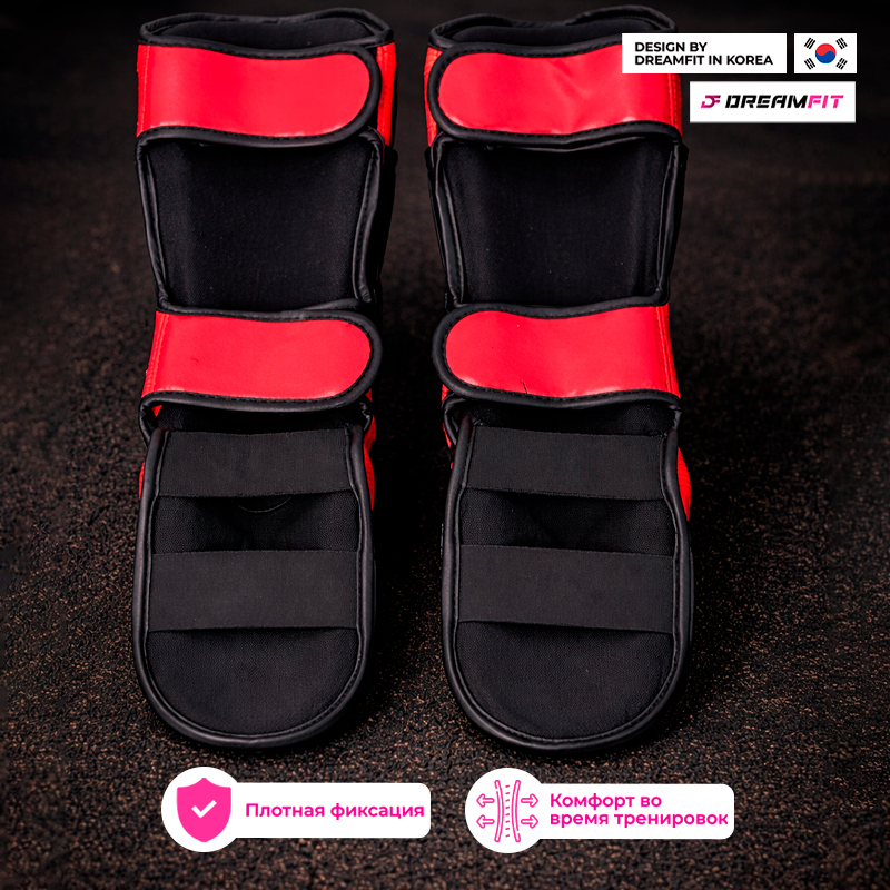 Красные щитки для голени и стопы DreamFit — защита для MMA, кикбоксинга, муай-тай, shin guards